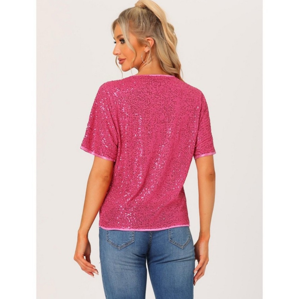 Allegra K Pink Sequin Short Sleeve Top - Picture 3 of 5